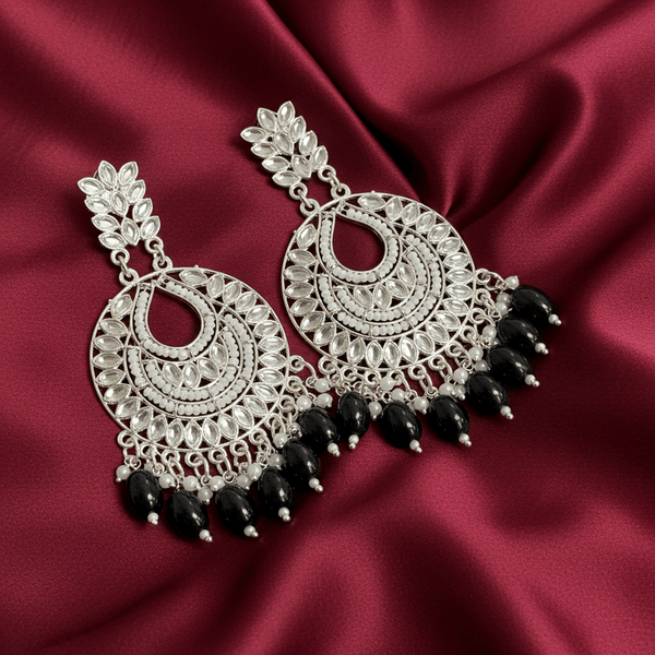 Tessara Silver-Plated Kundan Chandbali Earrings with Black Beads