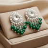 Tessara Silver-Plated Kundan Drop Earrings with Bottle Green Beaded Fringe