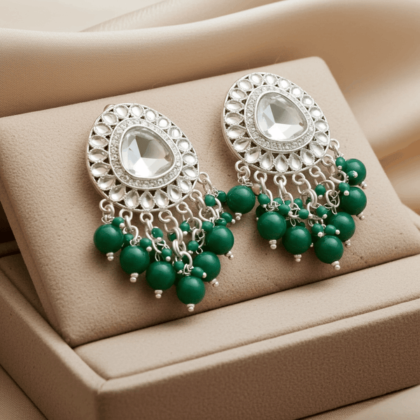 Tessara Silver-Plated Kundan Drop Earrings with Bottle Green Beaded Fringe