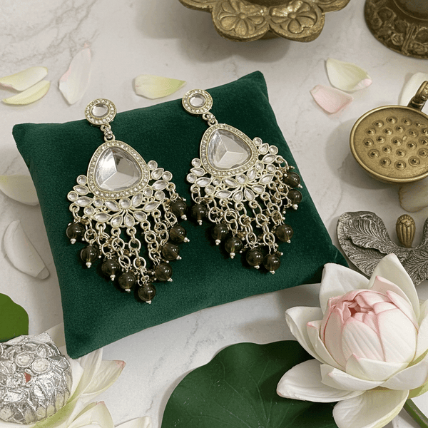 Tessara Silver-Plated Kundan Teardrop Earrings with Mehendi Green Beaded Fringe
