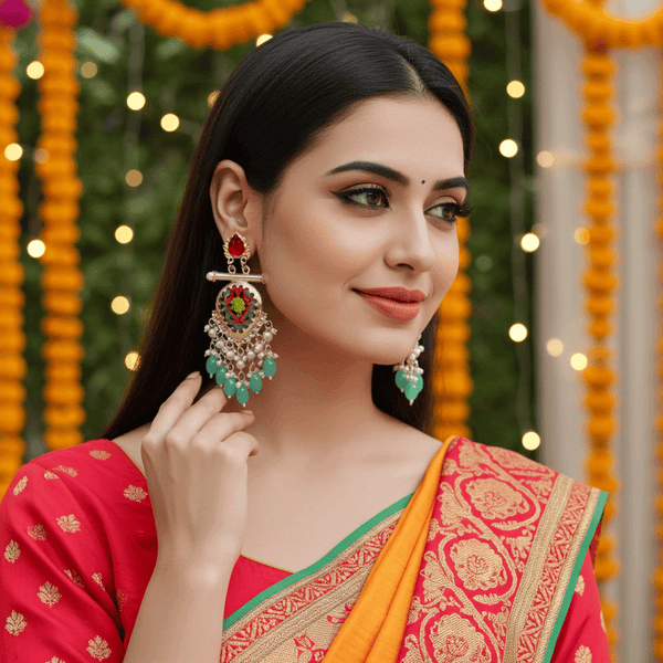 Tessara Gold-Plated Multicolor Meenakari Earrings with Sea Green Beaded Tassels