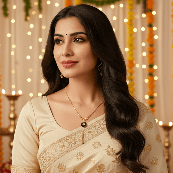 Tessara Gold-Plated Black & White AD-Studded Floral Tassel Pendant