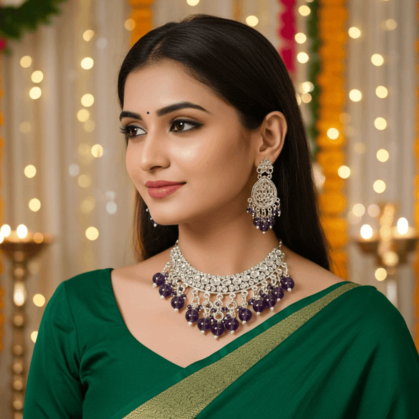 Tessara Silver-Plated Kundan Teardrop Earrings with Purple Beaded Fringe