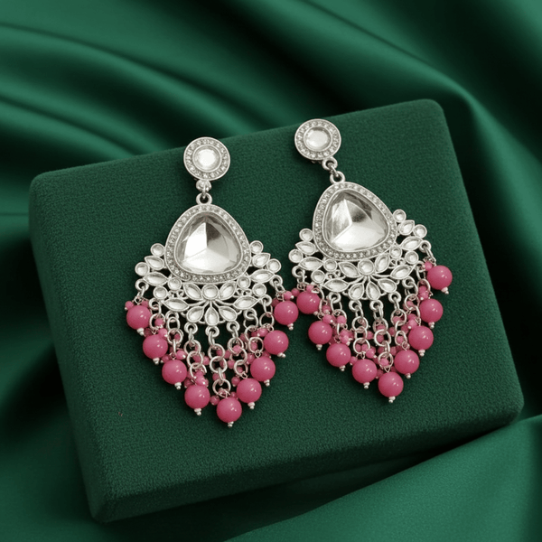 Tessara Silver-Plated Kundan Chandelier Earrings with Onion Pink Beaded Tassels