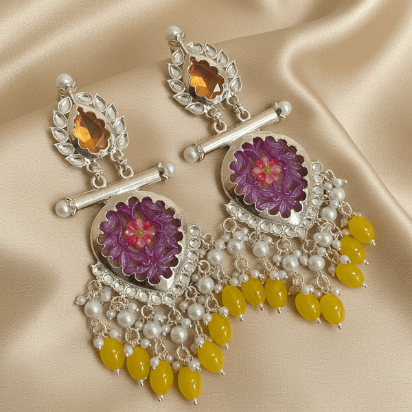 Tessara Silver-Plated Multicolor Carved Stone Earrings with Yellow Beaded Tassels
