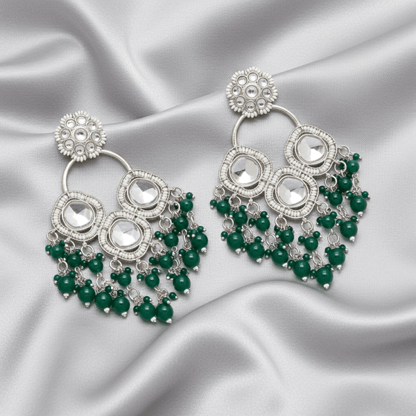 Tessara Silver-Plated Kundan Chandelier Earrings with Bottle Green Beaded Tassels
