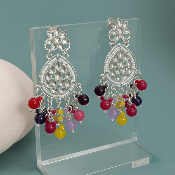 Tessara Silver-Plated Kundan Teardrop Earrings with Multicolor Beaded Fringe
