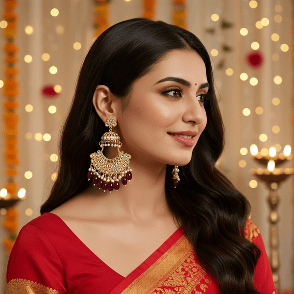 Tessara Gold Kundan Pearl Chandbali with Wine Beads