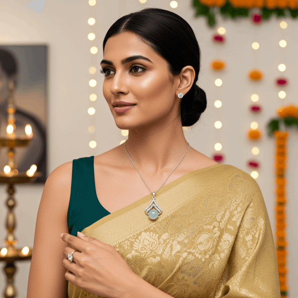 Tessara Silver-Plated Sea Green Cabochon & Solitaire Pendant Set with Ring