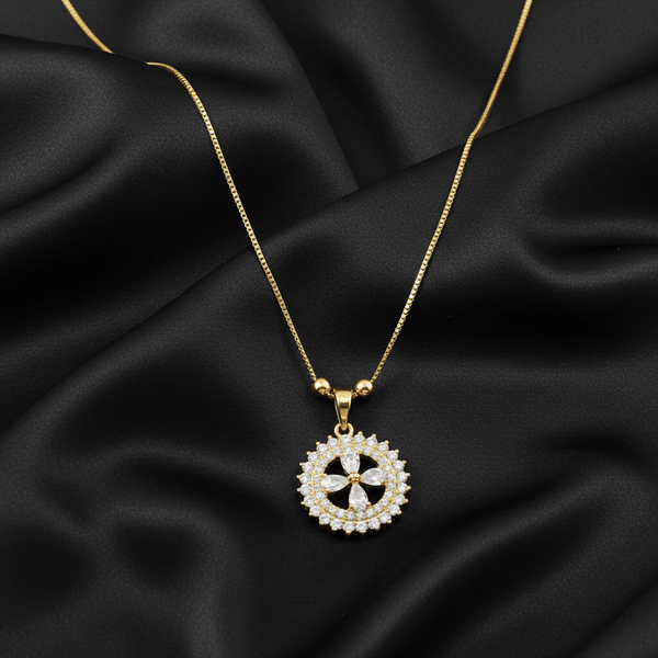 Tessara Gold-Plated White AD-Studded Floral Halo Pendant