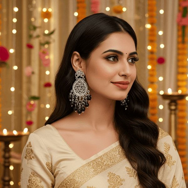 Tessara Silver-Plated Kundan Dangler Earrings with Black Beaded Tassels