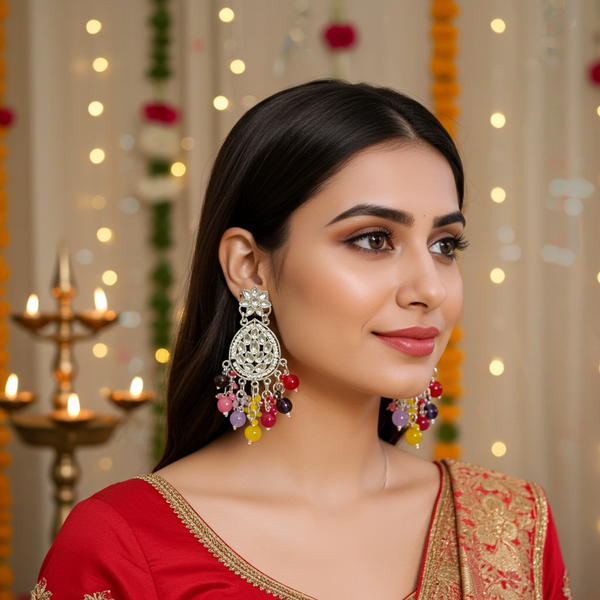 Tessara Silver-Plated Kundan Teardrop Earrings with Multicolor Beaded Fringe