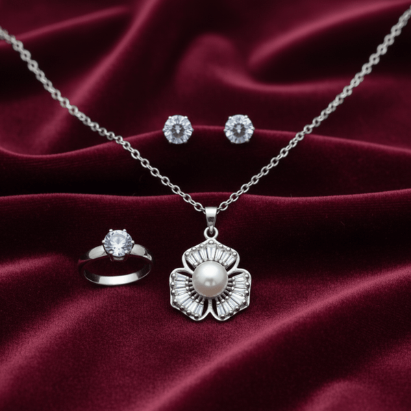 Tessara Sterling Silver Pearl & Zirconia Floral Pendant Set