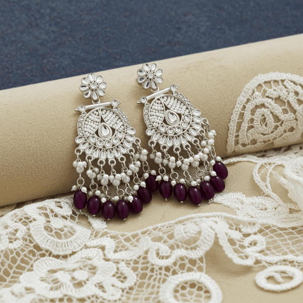 Tessara Silver-Plated Kundan Chandelier Earrings with Wine Beads