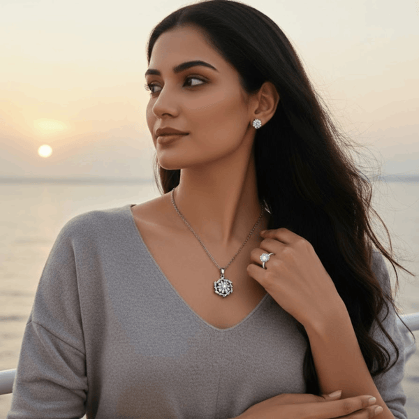 Tessara Silver Floral Zirconia Pendant Set with Solitaire Ring