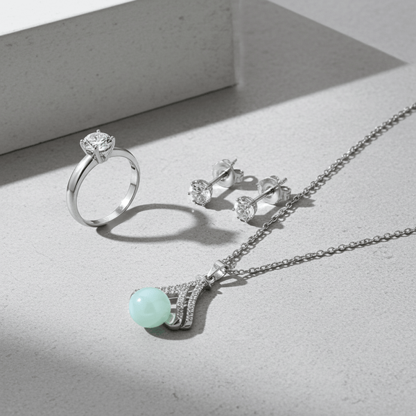 Tessara Silver-Plated Sea Green Cabochon & Solitaire Pendant Set with Ring