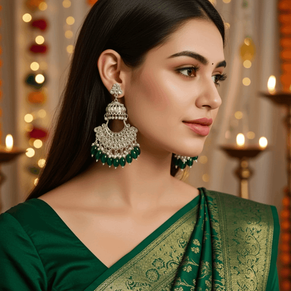 Tessara Silver-Plated Kundan Chandbali Earrings with Bottle Green Beads