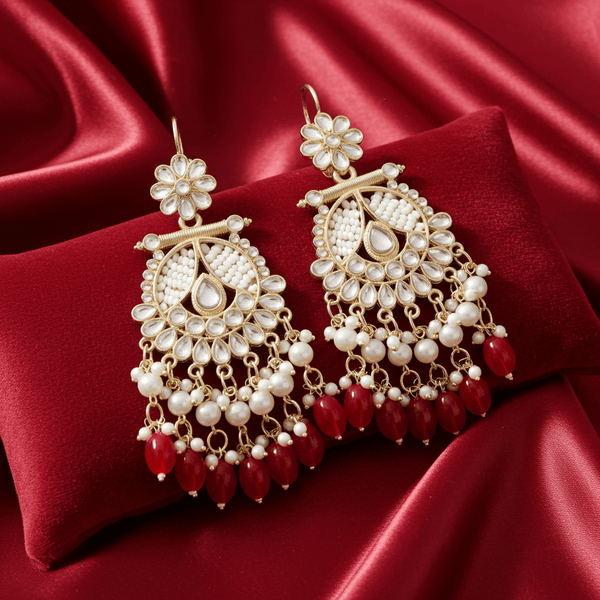 Tessara Gold-Plated Kundan & Pearl Chandbali Earrings with Ruby Red Beads