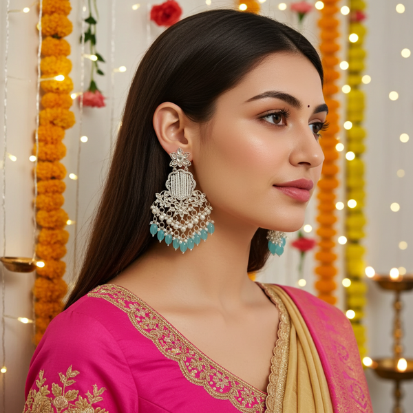 Tessara Silver Kundan Chandeliers with Sea Green Beads