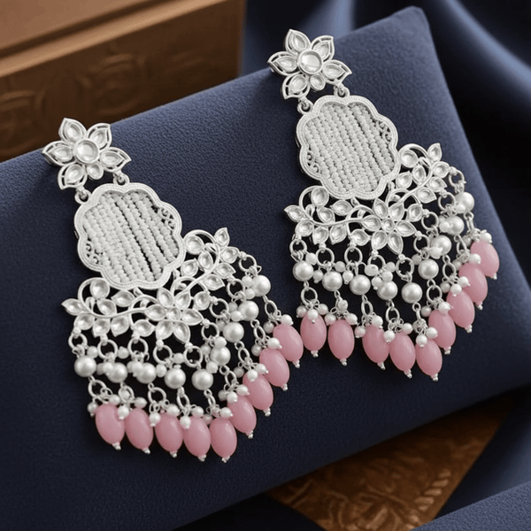 Tessara Silver Pearl Woven Danglers with Pink Beads