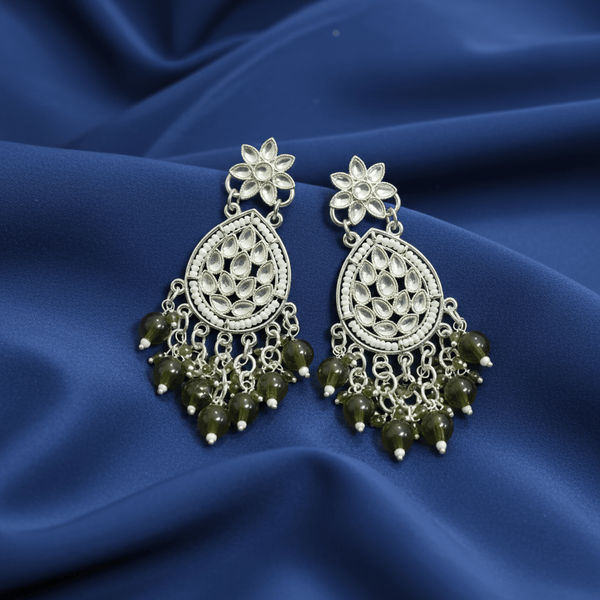 Tessara Silver-Plated Kundan Teardrop Earrings with Mehendi Green Beaded Tassels