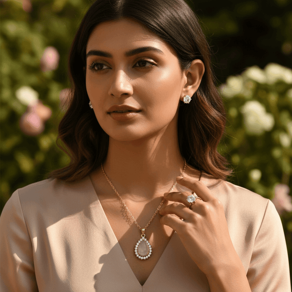 Tessara Gold-Plated Translucent Stone Tear Drop Pendant Set