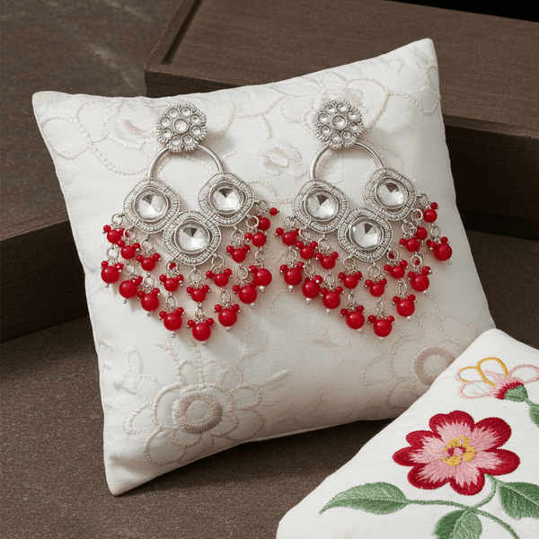 Tessara Silver-Plated Kundan Chandelier Earrings with Red Beaded Tassels