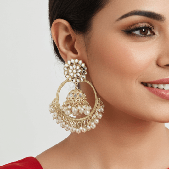 Tessara Gold Kundan & Pearl Bali Jhumki Earrings
