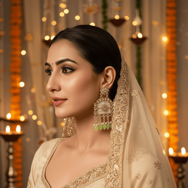 Tessara Gold-Plated Kundan Chandelier Earrings with Pista Green Beads