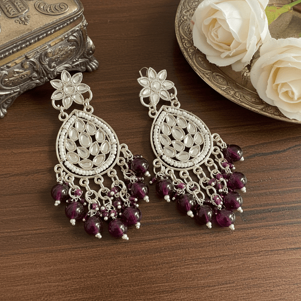 Tessara Silver Kundan Teardrop Danglers with Wine Beads