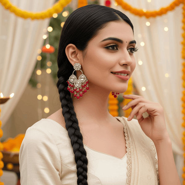 Tessara Silver-Plated Kundan Chandelier Earrings with Maroon Beaded Tassels