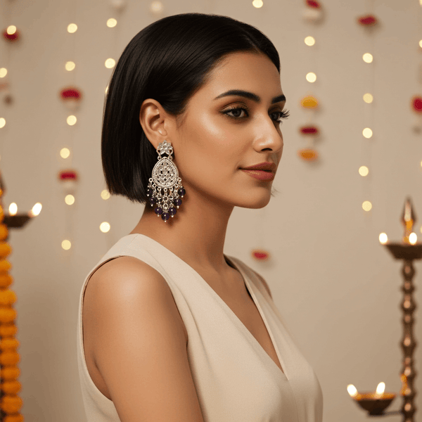 Tessara Silver-Plated Kundan Teardrop Earrings with Purple Beaded Fringe