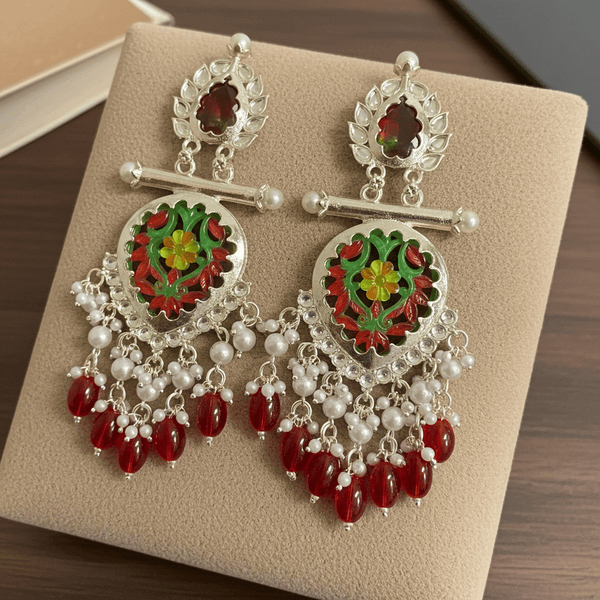 Tessara Silver-Plated Hand-Painted Meenakari Dangler Earrings with Red Beads