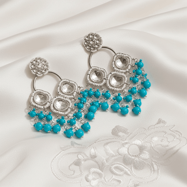Tessara Silver-Plated Kundan Chandelier Earrings with Sky Blue Beaded Tassels