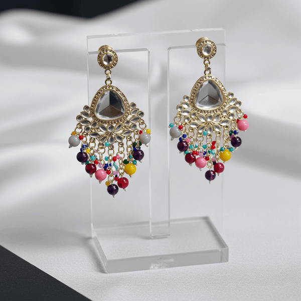 Tessara Gold-Plated Kundan Chandelier Earrings with Multicolor Beaded Tassels