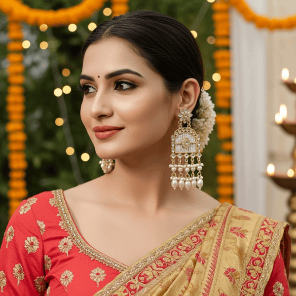 Tessara Gold-Plated Kundan Chandelier Earrings with White Pearls