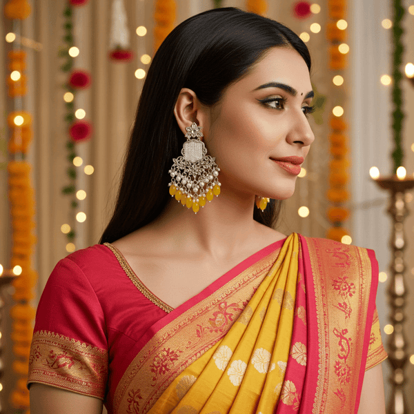 Tessara Silver Kundan Chandeliers with Yellow Beads