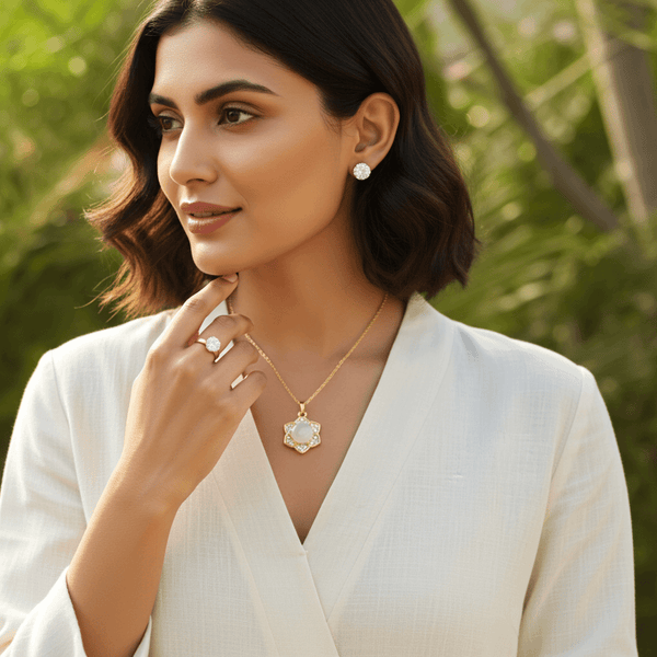 Tessara Gold-Plated Translucent Stone Floral & Solitaire Set