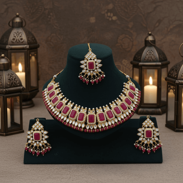 Tessara Gold-Plated Stone-Studded Jewellery Set, Rani Pink