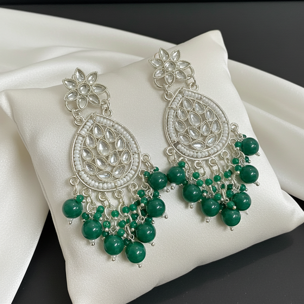 Tessara Silver Kundan Danglers with Bottle Green Beads