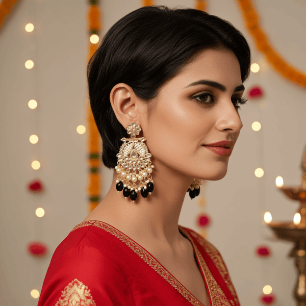 Tessara Gold-Plated Kundan & Pearl Chandbali Earrings with Black Beads