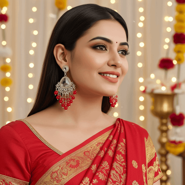 Tessara Silver-Plated Kundan Teardrop Earrings with Red Beaded Fringe