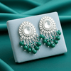 Tessara Silver-Plated Kundan Drop Earrings with Bottle Green Beaded Fringe