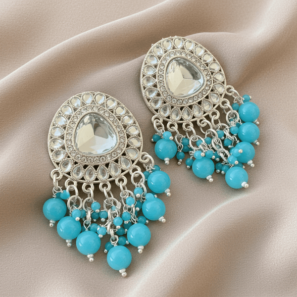 Tessara Silver-Plated Kundan Drop Earrings with Sky Blue Beaded Fringe