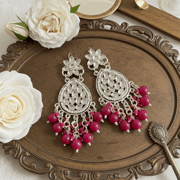 Tessara Silver Kundan Teardrop Danglers with Rani Pink Beads