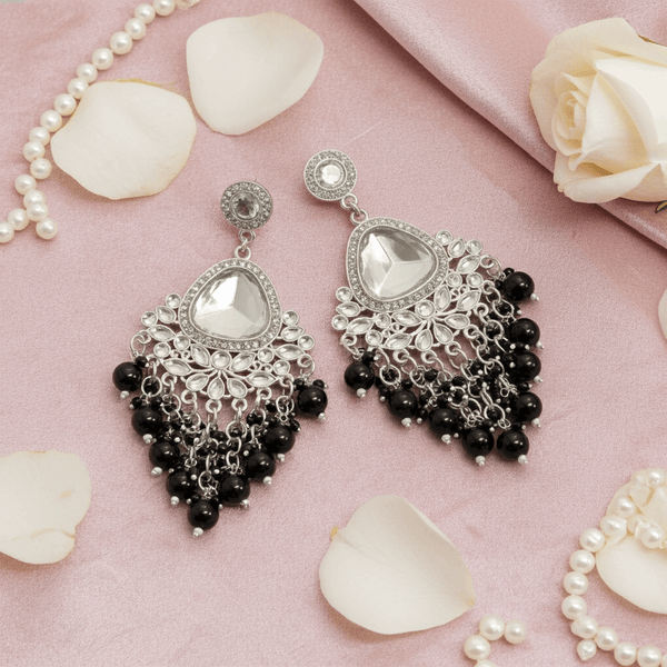Tessara Silver-Plated Kundan Teardrop Earrings with Black Beaded Fringe