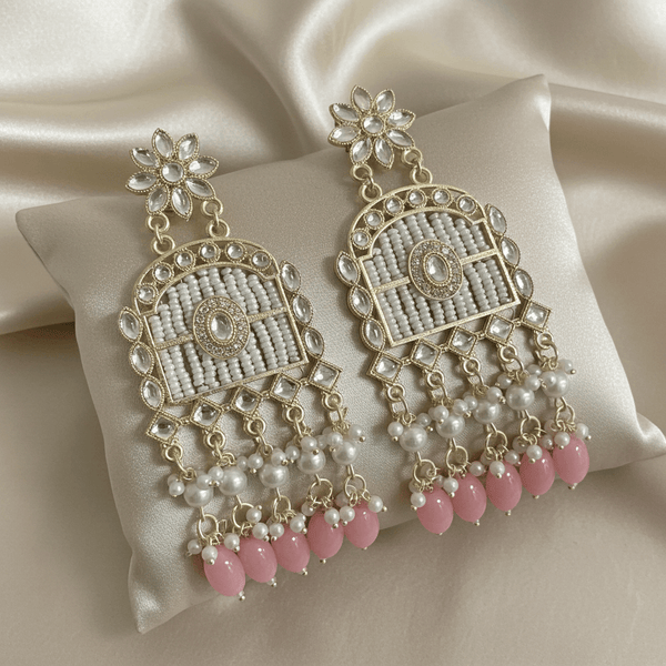 Tessara Gold-Plated Kundan Chandelier Earrings with Baby Pink Beads