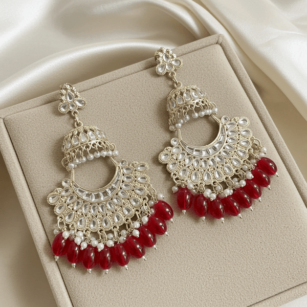 Tessara Gold Kundan Pearl Chandbali with Ruby Red Beads