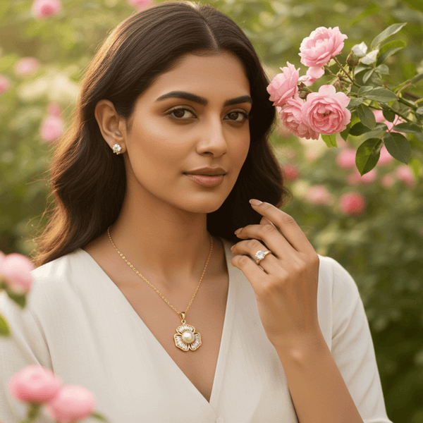 Tessara Gold-Plated Pearl & Zirconia Floral Pendant Set