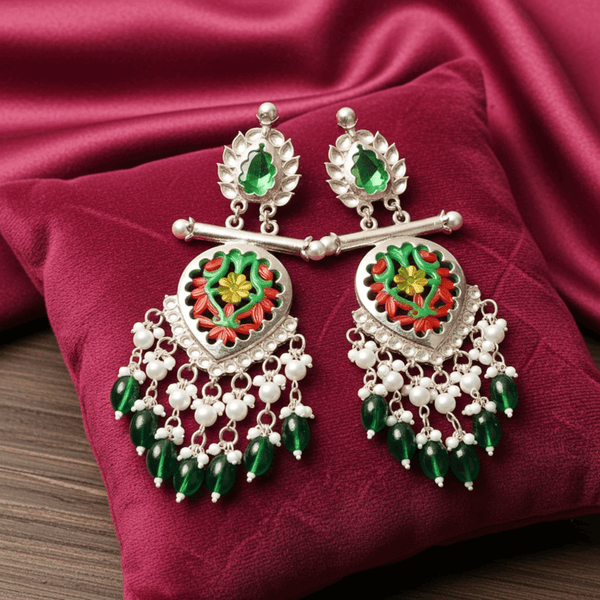 Tessara Silver-Plated Multicolor Meenakari Earrings with Green Beaded Tassels